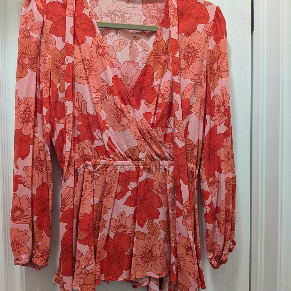 Petal & Pup Coral Pink and Red Floral Wrap Blouse